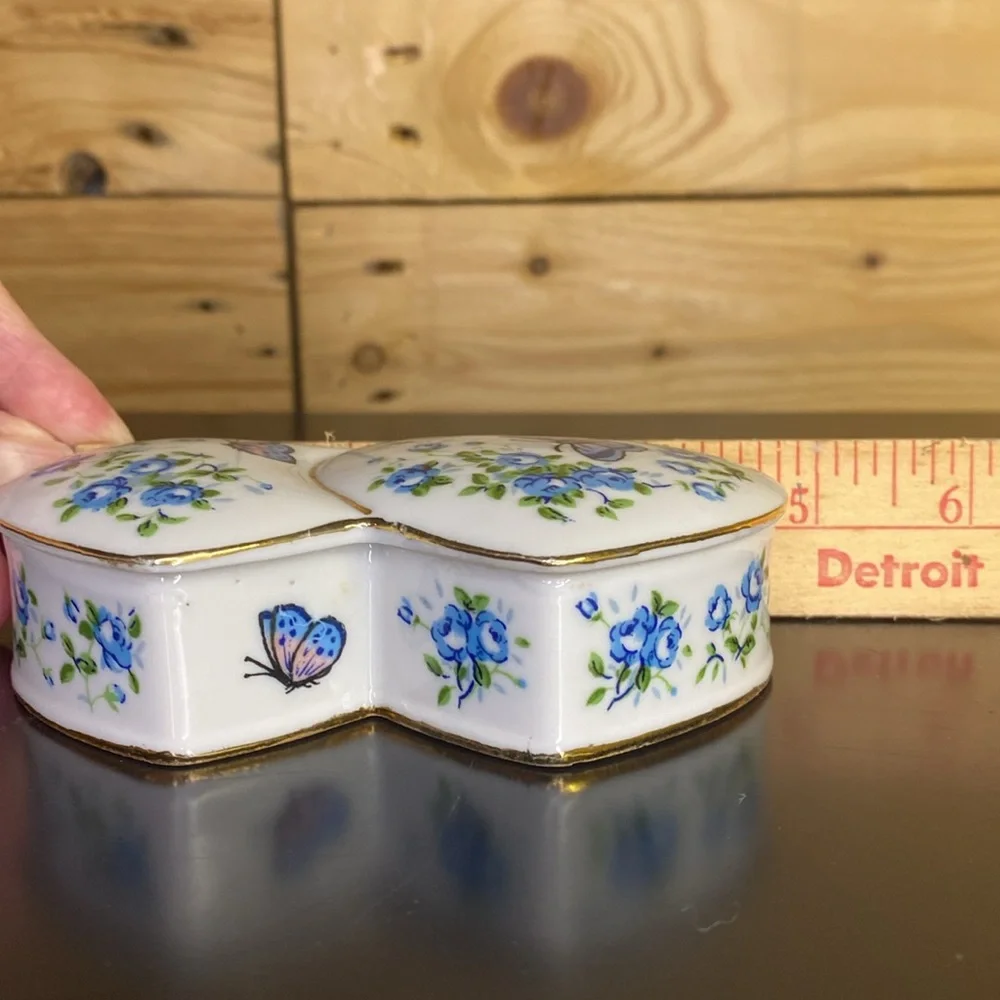 Made in Japan ceramic hand painted heart shaped trinket box cottagecore ditsy